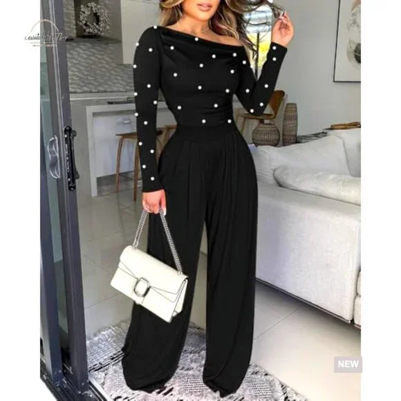 Long Sleeve Jumpsuit with Pearl Decor, Ruched Waist, Regular Fit, Medium - Picture 3 of 7